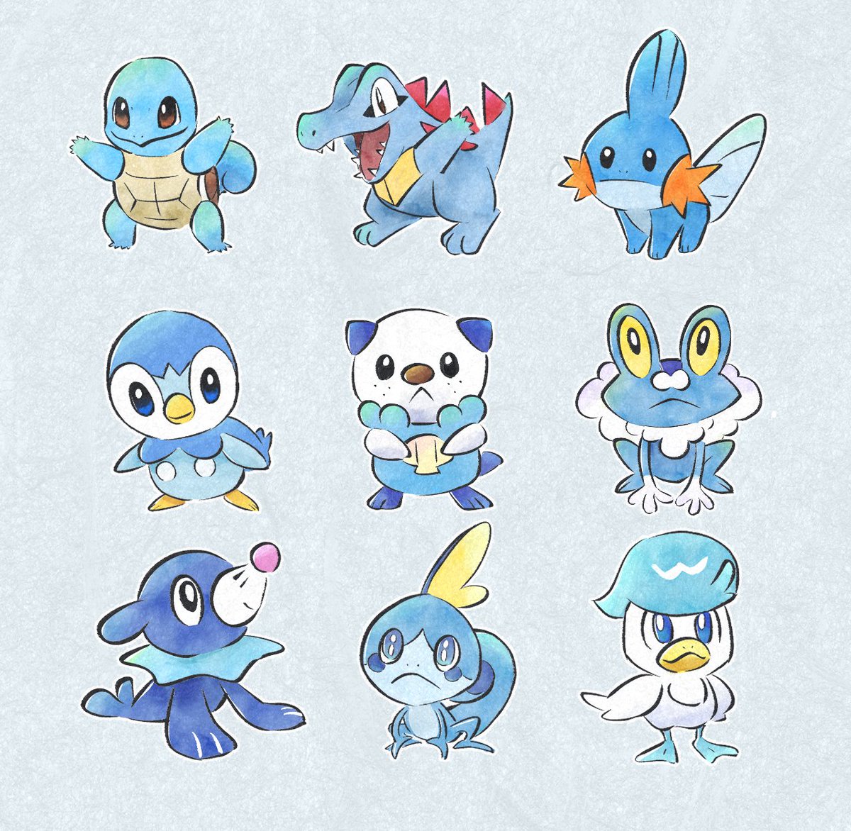 mudkip ,oshawott ,piplup ,popplio ,squirtle pokemon (creature) no humans closed mouth frown starter pokemon trio blue eyes :<  illustration images