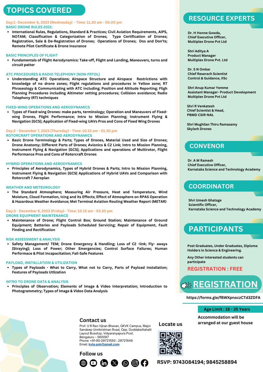 kstacademy's tweet photo. ಅಕಾಡೆಮಿಯು "Basics & Real-world Applications of UAVs & Drones" ವಿಷಯದ ಮೇಲೆ ದಿ.06-08/12/2023ರ ವರೆಗೆ (ಬುಧವಾರ-ಶುಕ್ರವಾರ) 3 ದಿನಗಳ ರಾಷ್ಟ್ರೀಯ ಕಾರ್ಯಾಗಾರವನ್ನು ಆಯೋಜಿಸಲಾಗುತ್ತಿದೆ. ಭಾಗವಹಿಸಲು ನೋಂದಾವಣೆಗಾಗಿ ಕೆಳಗಿನ ಈ ಲಿಂಕ್ ಬಳಸಿ: https://forms.glelfBWXpnoczCTd3ZDFA
#drones #uavapplications #ksta https://t.co/ZI8TZZ71gd