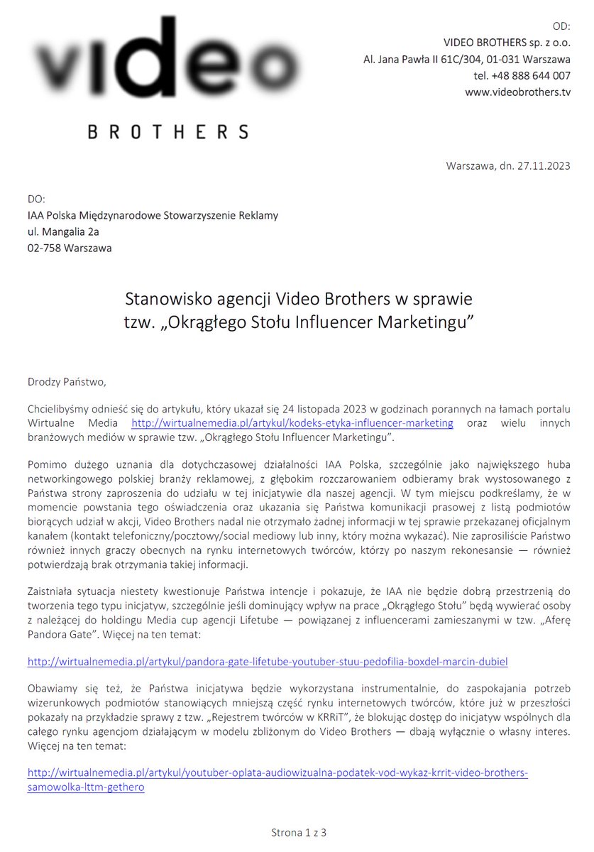 VideoBrothersTV's tweet photo. STANOWISKO AGENCJI VIDEO BROTHERS W SPRAWIE "OKRĄGŁEGO STOŁU INFLUENCER MARKETINGU" dla @iaa_polska (skan: https://t.co/1mf4MnopIn) https://t.co/VcafbmC1XJ