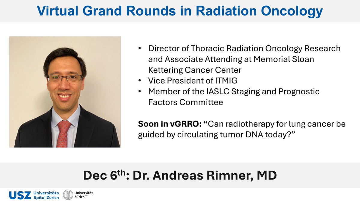 Circulating tumor DNA to guide #radonc ❓ Beyond status of “promising biomarker” - ready for prime time Virtual Grand Rounds in Radiation Oncology Dr. Andreas Rimner Dec 6th 17:00 – 17:30 CET Zoom Link 👇 usz.ch/veranstaltung/… Endorsed by @degro_ev @ESTRO_RT SASRO