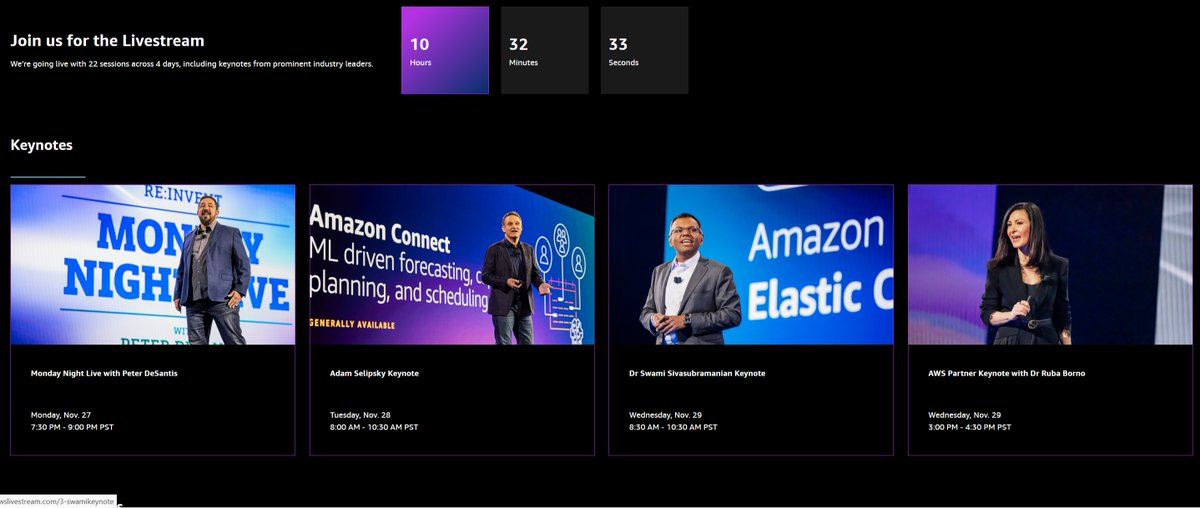 re:Invent 2023 starts in 10 hours!! Even if you are not in Vegas You can watch it online for free (Keynotes and other selected session). Just put in your email and you're ready to go :) reinvent.awslivestream.com bit.ly/3RgR1eA