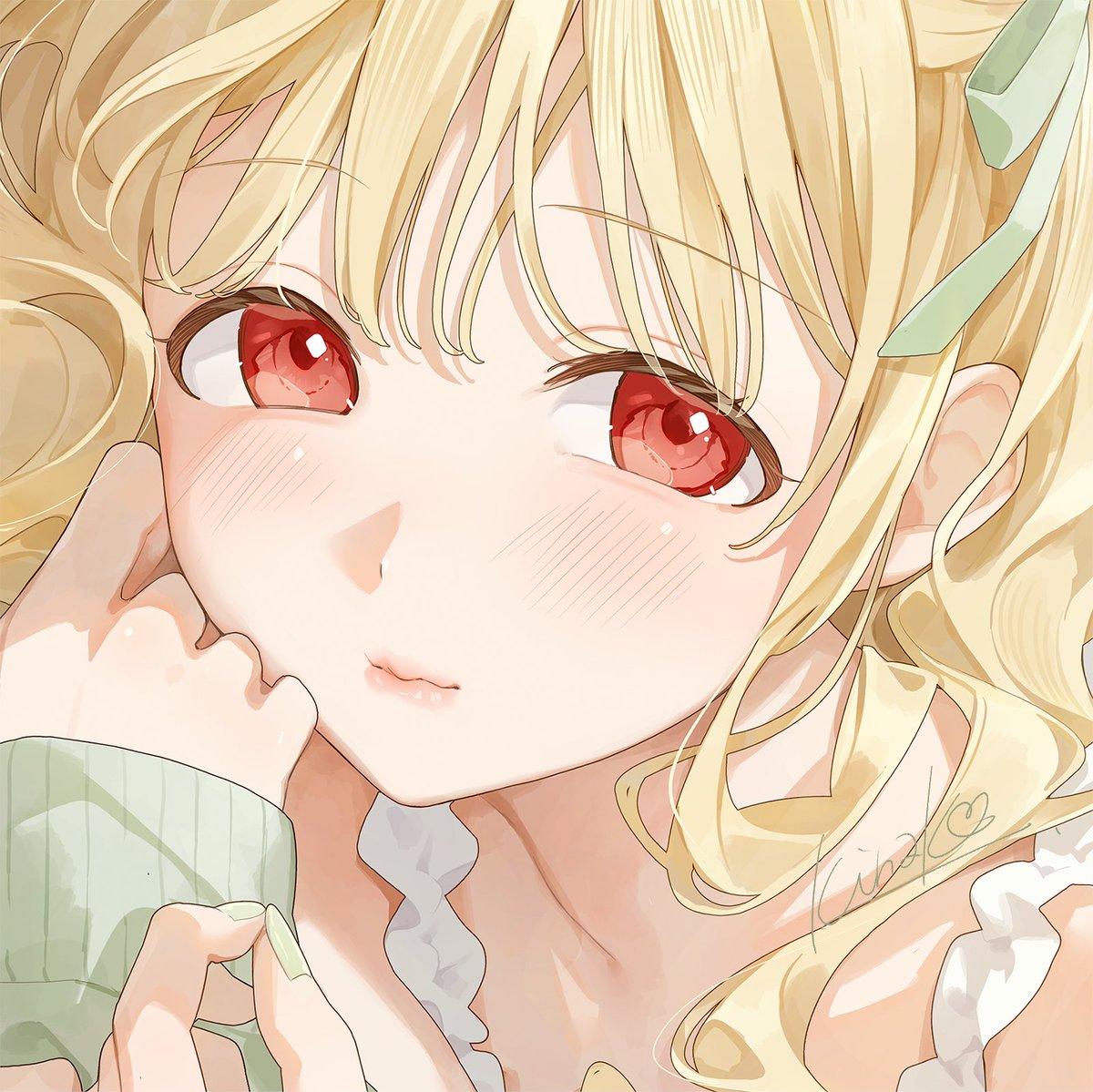 1girl blonde hair red eyes blush looking at viewer solo close-up  illustration images