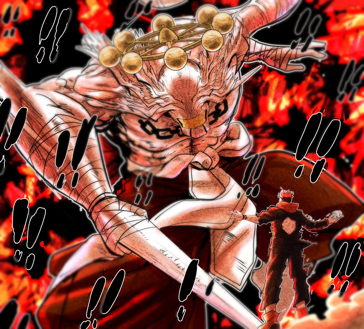 Moonlightsama1's tweet photo. Been on this one for some time now , but I did it , #Sukuna vs #mahoraga  #jujitsukaisen this one was a fun experience hehehe 😁

#animeboy #animeart #demon #cursedspirit #shikigami #itadoriyuuji #fight #fire #gods #angela #japan #shibuyaaccident #jjkseason2 https://t.co/BnaHmL5y79