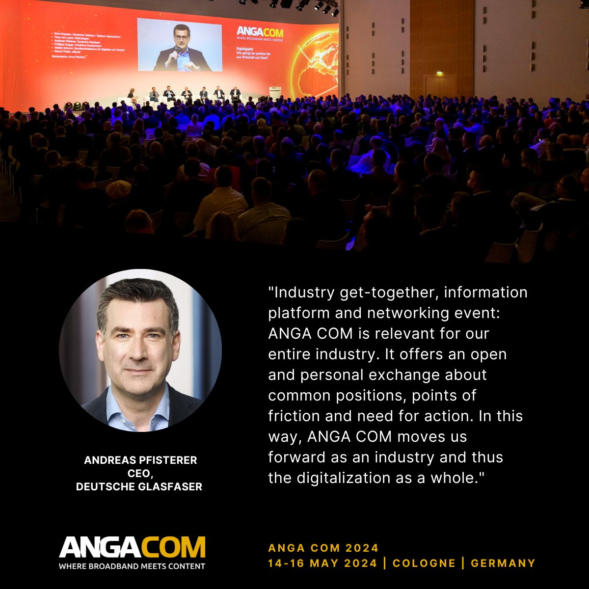 Andreas Pfisterer, CEO @DtGlasfaser on #ANGACOM 2023: 'Industry get-together, information platform and networking event: ANGA COM is relevant for our entire industry...' Read the complete statement and more voices from the #broadband and #media industry: tinyurl.com/5bts4k5b