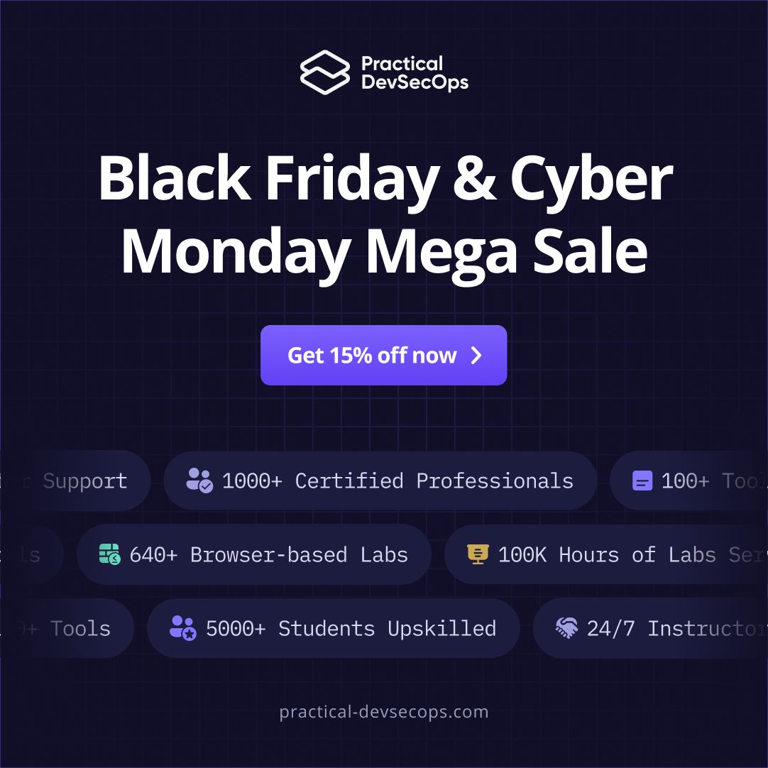 PDevsecops's tweet photo. ๐ Ready to amp up your #cybersecurity skills? ๐ In celebration of #BlackFriday Sale, it's your golden chance! Get up to 15% off on courses. Buy now, study later, and let's stay cyber-aware! ๐ก๐ https://t.co/iIEKo4cmaM
#DevSecOps #InfoSec #ProdSec #AppSec #ProductSecurity https://t.co/q76drqb7yW