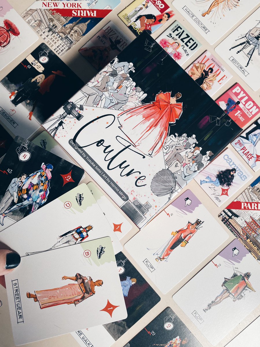 PektisStudio's tweet photo. Couture 👗 
In Couture, players bidding to win cards through auctions in New York, Paris, and Tokyo. You draft in each city, the winning player first pick of Iconic Poses, Signature Walks.
It is a fun little filler with refreshing theme and smart hand management mechanics. https://t.co/q8T3BGGtWV