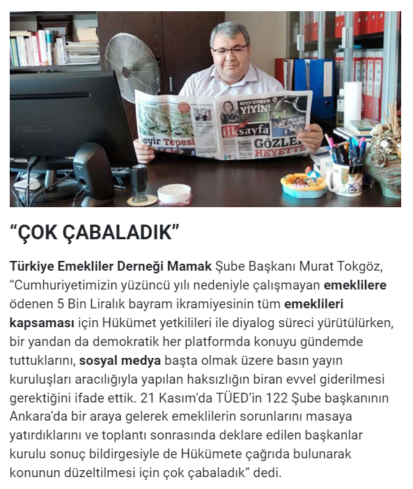 tued_1970's tweet photo. Türkiye Emekliler Derneği Mamak Şb Başk. Murat Tokgöz, 5 bin liralık ikramiyenin bütün emeklilere verilmesinden mutlu olduklarını belirterek, “Emekli aylıklarına yapılacak iyileştirme konusunda da bir an evvel adım atılmasını beklemekteyiz” dedi. 
#emekli https://t.co/3bfCcyDAJZ
