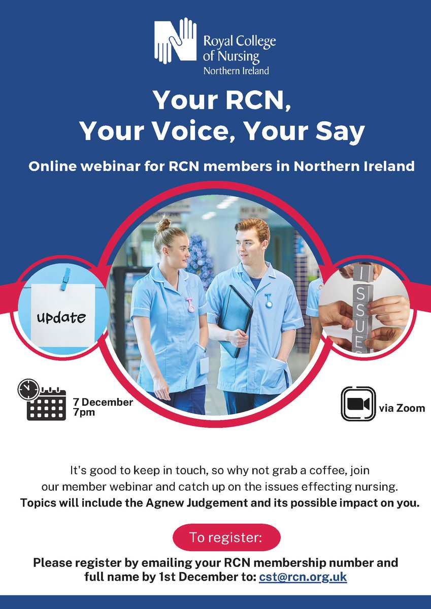 RCN_NI's tweet photo. Mark your calendars! 🗓️ Join us on 7 Dec 2023 at 7pm on Zoom for an informative session about the latest developments in nursing. We'll discuss topics, including the Agnew Judgement and how it might affect you. To book your spot, email us at cst@rcn.org.uk. #NursingUpdates https://t.co/dS5xJkmblR