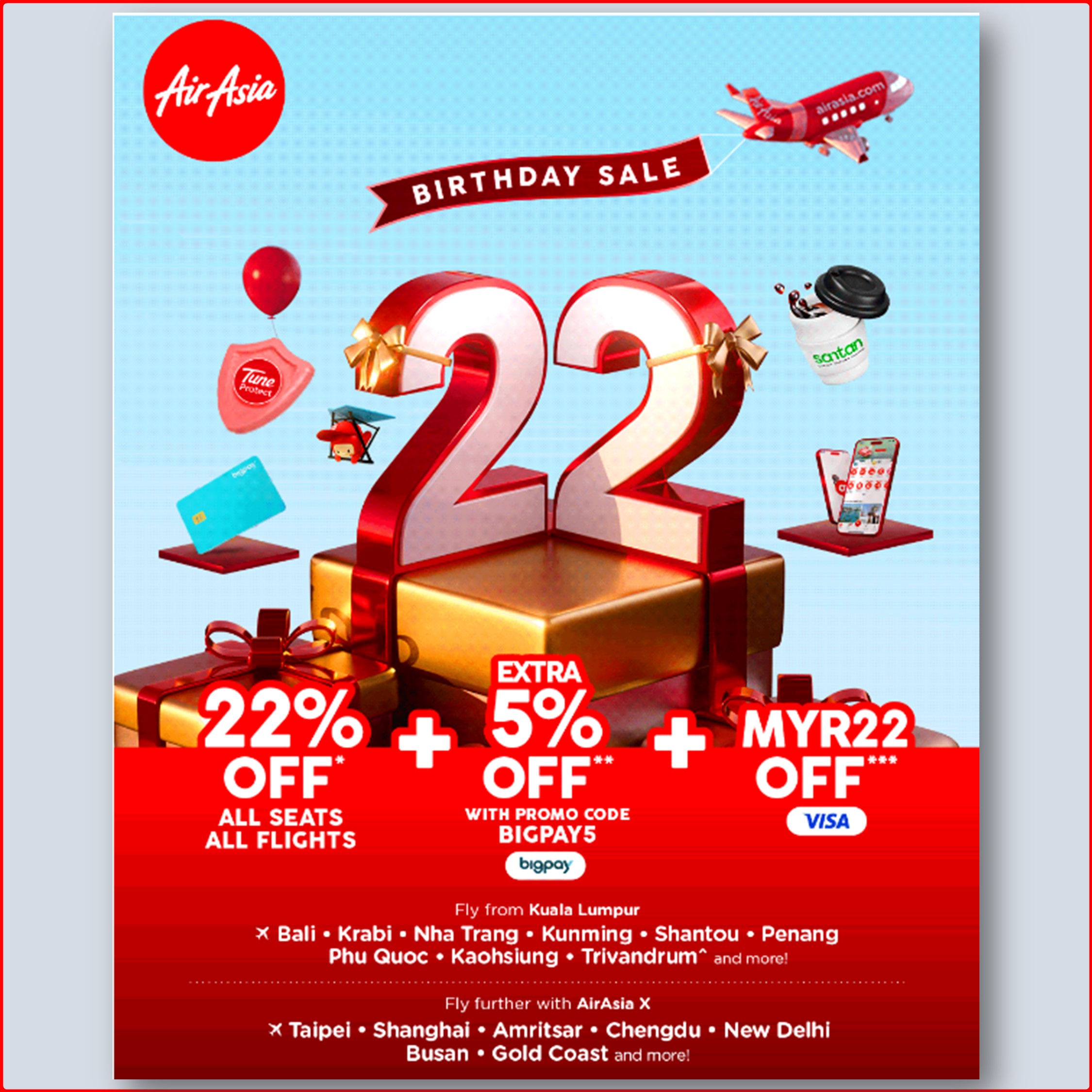 AirAsia Birthday Sale - 22% OFF + RM22 Off with Visa