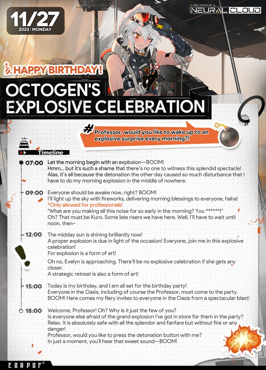 NeuralCloudEN's tweet photo. "Professor, would you like to wake up to an explosive surprise every morning?! No one can fail to enjoy Boom! Boom!! Boom!!!"💥
Happy birthday, #Octogen!🎂
#NeuralCloud https://t.co/uWJTUQQHxH