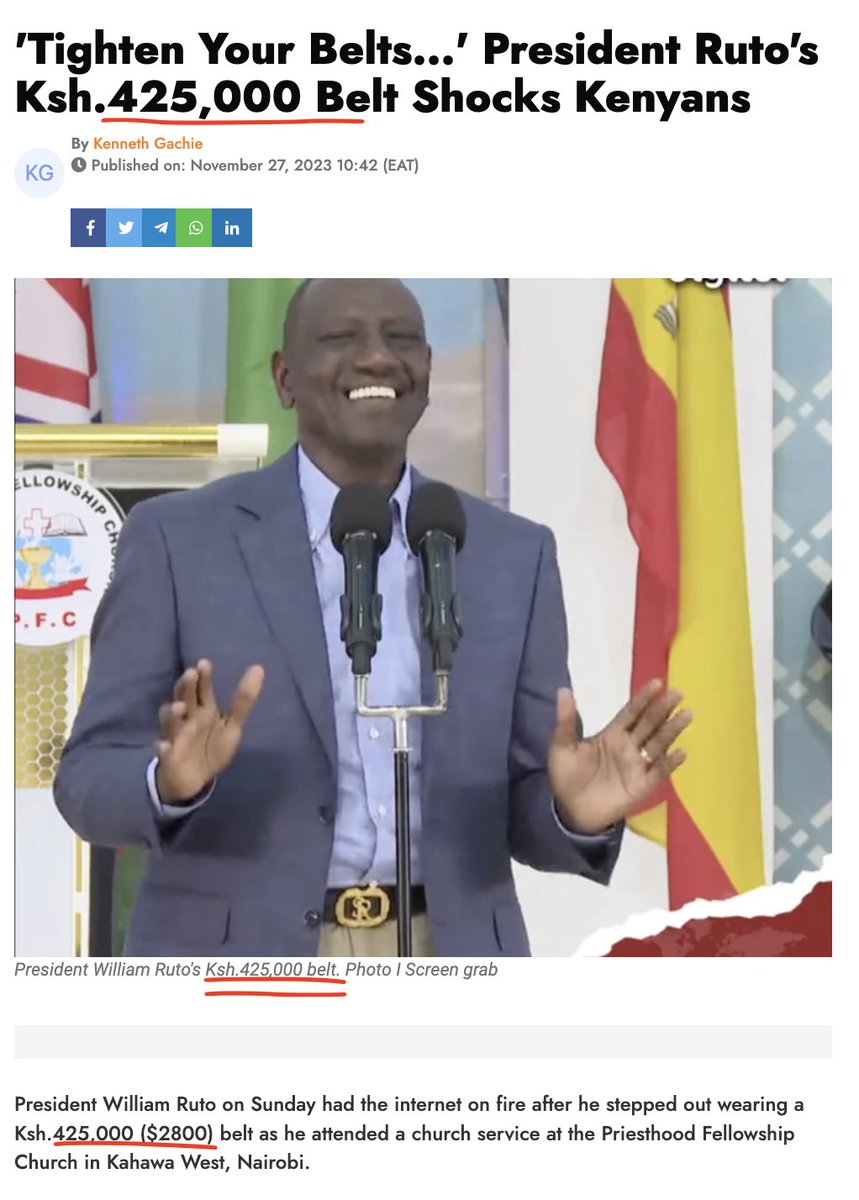 RobertAlai's tweet photo. There is a level of modesty you must show in public offices. How is EACC finding this to be norman? Hello @EACCKenya 

How is @WilliamsRuto suddenly finding it even normal to be President leading others who can't afford a Ksh 200 meal in a day while he is wearing a Ksh 7 million watch and Ksh 500,000 belt? 

Obscene!