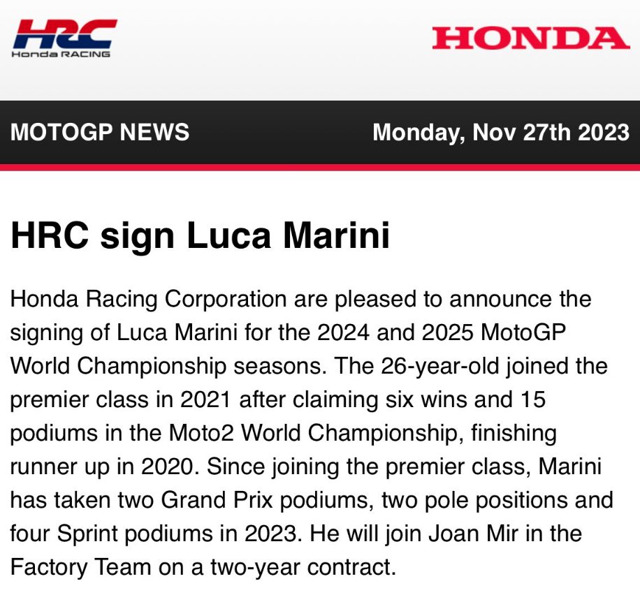 VolunteeringGuy's tweet photo. so it's official Luca Marini joining @HRC_MotoGP for 2024 &amp; 2025 https://t.co/7Ad6mbJAA2
