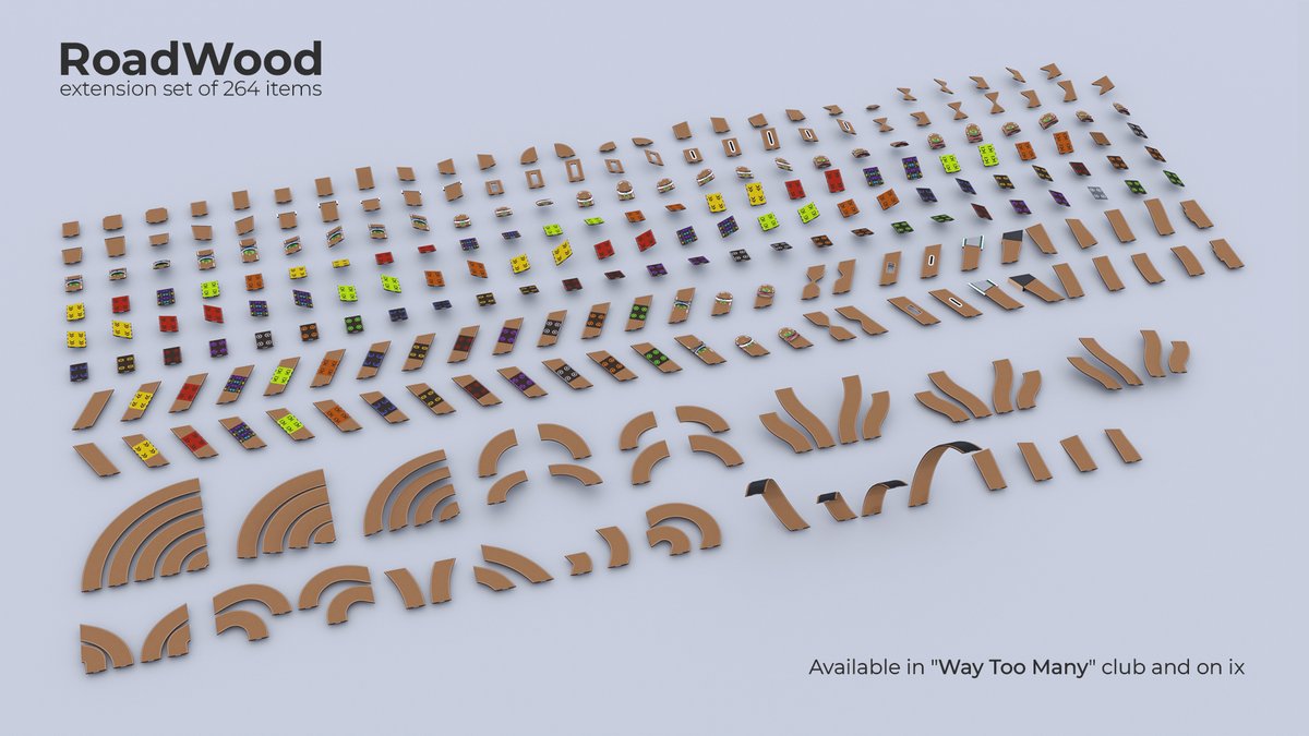 RoadWood Extension with 264 items is out, available in "Way Too Many" club and on ix: item.exchange/set/view/12091 

Includes all vanilla road shapes + special blocks (start/cps/boosters etc) with both road and platform angle