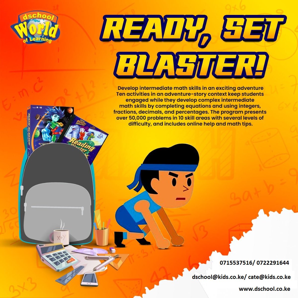 dschool_Africa's tweet photo. Achieve mathematical success with Math Blaster's 10 exciting activities, featuring over 50,000 problems across 10 skill areas and various difficulty levels.
Give us a call or visit our website to grab yours today
#learningmadefun #digitallearning #mathblaster #creativity https://t.co/sVBXRmykpn