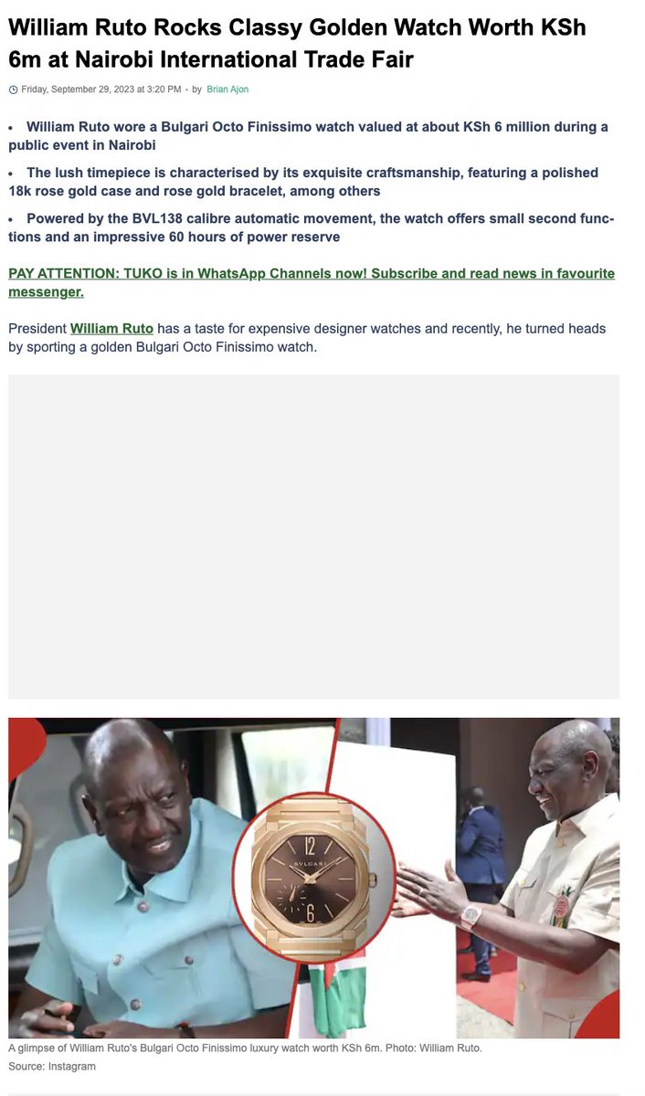 RobertAlai's tweet photo. There is a level of modesty you must show in public offices. How is EACC finding this to be norman? Hello @EACCKenya 

How is @WilliamsRuto suddenly finding it even normal to be President leading others who can't afford a Ksh 200 meal in a day while he is wearing a Ksh 7 million watch and Ksh 500,000 belt? 

Obscene!