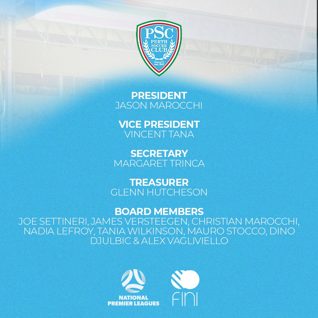 Perth SC is delighted to announce our office bearers for 2024 following last week’s Annual General Meeting

Perth SC would also like to express our thanks to retiring board members Ebbeny Faranda, Maurice Cremasco, Sarah Wright &amp; Danielle Brogan for their contribution to our club
