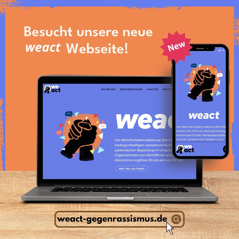 Project_WeAct's tweet photo. ✨Unsere neue Website ist nun online: https://t.co/DAZmOAdxEX

👉🏼Auf unserer Website finden Sie alle Informationen über unsere Beratungsstelle - Standort, Öffnungszeiten, Beratenden, Veranstaltungsnachrichten, Empowerment-Texte und vieles mehr.

#weact #website #antirassismus https://t.co/VEOW3oThZm