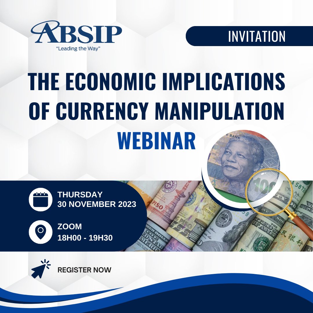 absip's tweet photo. ABSIP invites you to a webinar to unpack the economic implications of currency manipulation. The webinar will discuss the following: 

1. How does currency manipulation happen
2. What are the economic implications of currency manipulation

Register here:
https://t.co/VmOzmO24h7 https://t.co/VyvQ9zRGiz