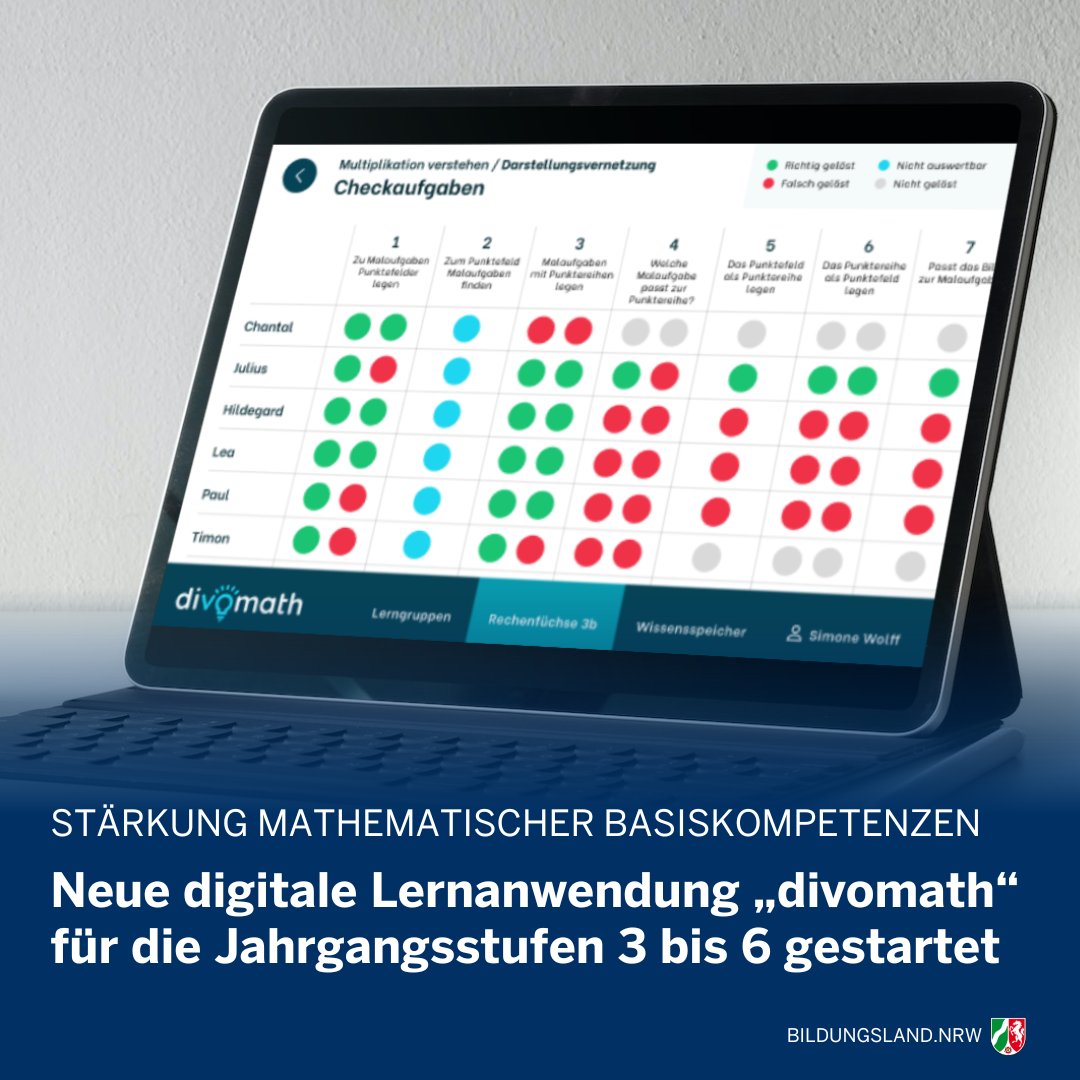 📢 Gute Nachrichten für alle #Mathematiklehrkräfte und für alle Schülerinnen und Schüler der Klassen 3 bis 6 im #BildungslandNRW! Mit „divomath“ steht den Schulen ab sofort eine digitale Lernanwendung 💻 zur Stärkung mathematischer Basiskompetenzen zur Verfügung. 🔢🧑‍🏫📐 #twlz 1/5