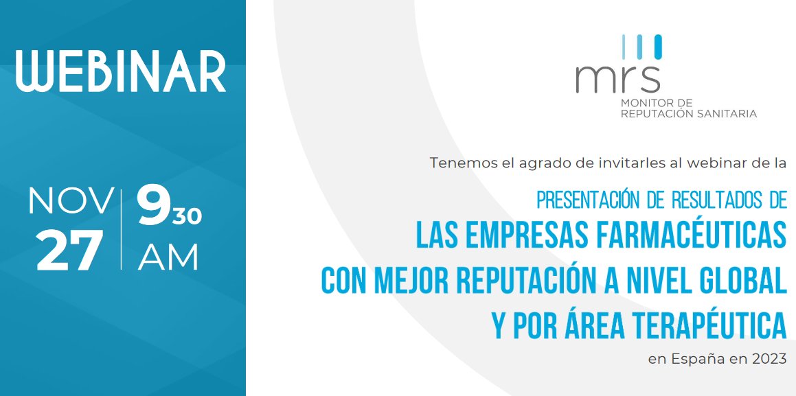 🕤En breves instantes comenzarña la presentación del webinar de resultados 'Las empresas farmaceuticas con mejor reputación a nivel global y por área terapéutica' en España 2023, de @mercoranking. 💊Esta presentación dará a conocer los resultados de la primera parte del…