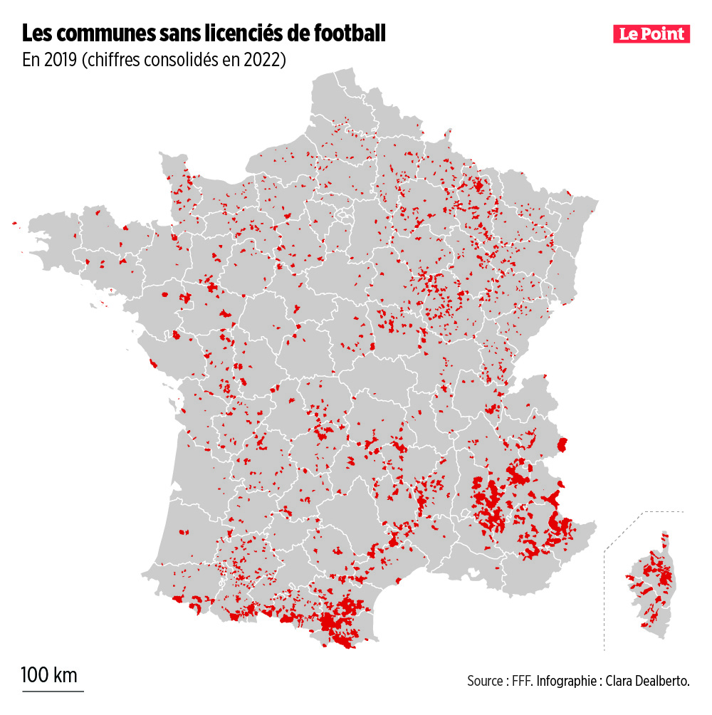 ⚽️🇫🇷🗺️ Où les gens jouent-ils le plus au foot en France ? Où sont situés les 14 000 clubs de foot ? Dans quelles communes n’habitent aucun licencié de la <a href="/FFF/">FFF</a> ? 

J’ai répondu à toutes ces questions (et bien d’autres encore) en cartes par ici @lepoint : lepoint.fr/sport/une-geog…
