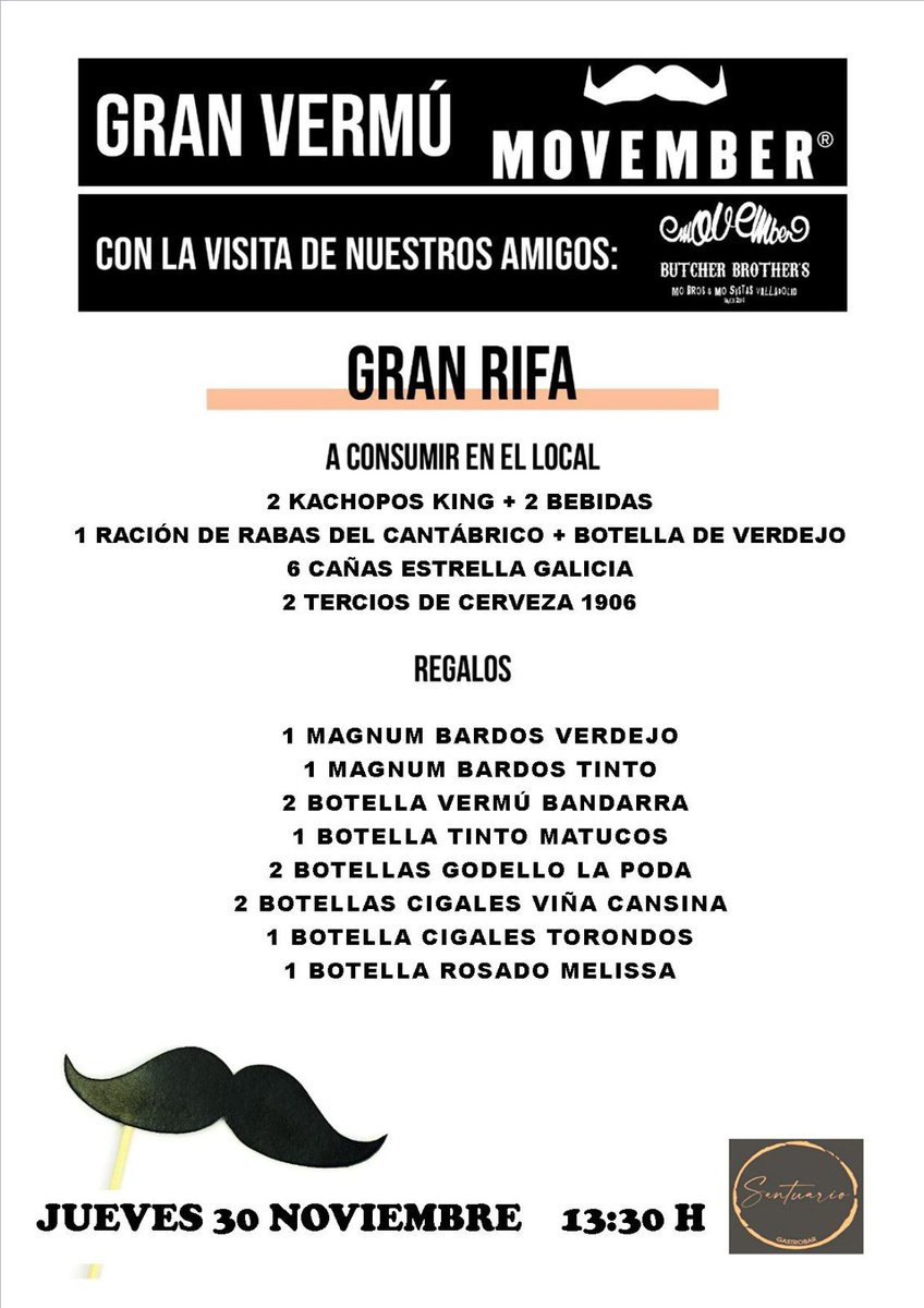 Se acerca el jueves y el bigote lo sabe😏🥸

Te proponemos para empezar bien el día un Gran Vermú. 
🗓️ Jueves 30 #Movember
⏰ Desde las 13:30
📍 @gastrobar_santuario

Hucha Solidaria, cada donativo tiene papeleta para el sorteo. Los donativos van destinados a <a href="/Movember/">Movember USA</a> Foundation