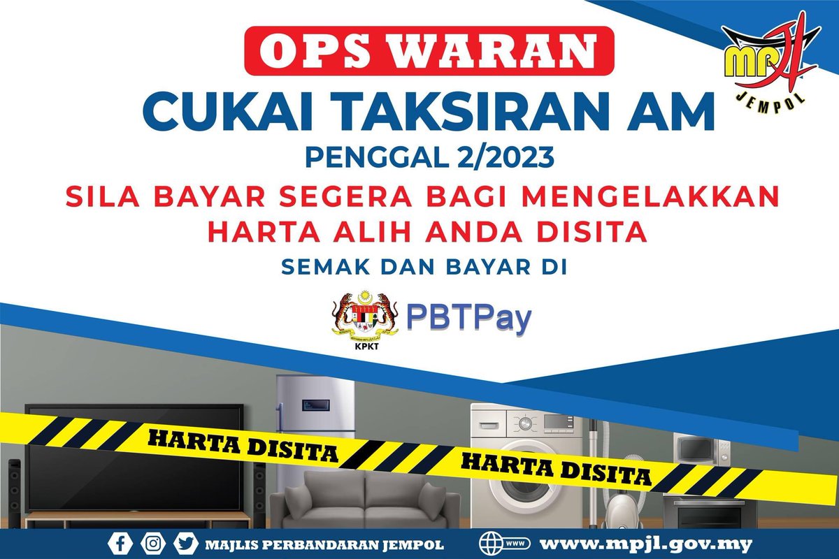 MPJempol's tweet photo. Sila jelaskan bayaran dengan kadar segera untuk mengelakkan harta alih anda disita. Semakan dan bayaran boleh dilakukan secara dalam talian di pautan https://t.co/HHzDF9FjQO. 

Sebarang pertanyaan lanjut boleh menghubungi Bahagian Penilaian di talian 06-4581233 samb. 124. https://t.co/LW39mTbu5o