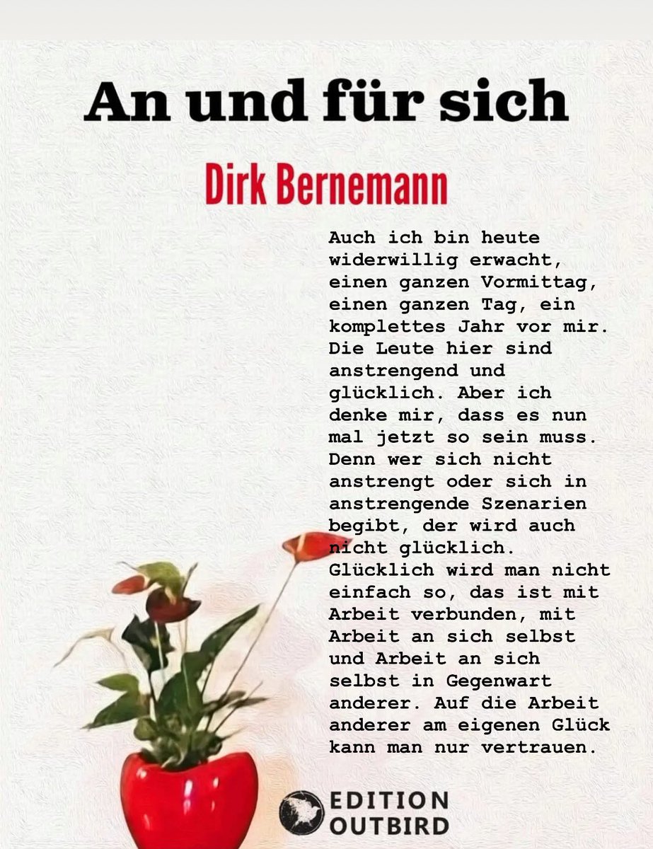 Protagonist: „Riech mal, in was für einer strengen Zeit wir leben.“
Sein Gegenüber sagt dann: „Ich riech nichts.“
Und der Protagonist dann: „Siehste!“

AN UND FÜR SICH gibt es ab dem 14.02.2024 im Handel
vorbestellen: shop.outbird.net/produkt/dirk-b…

#dirkbernemann #literatur