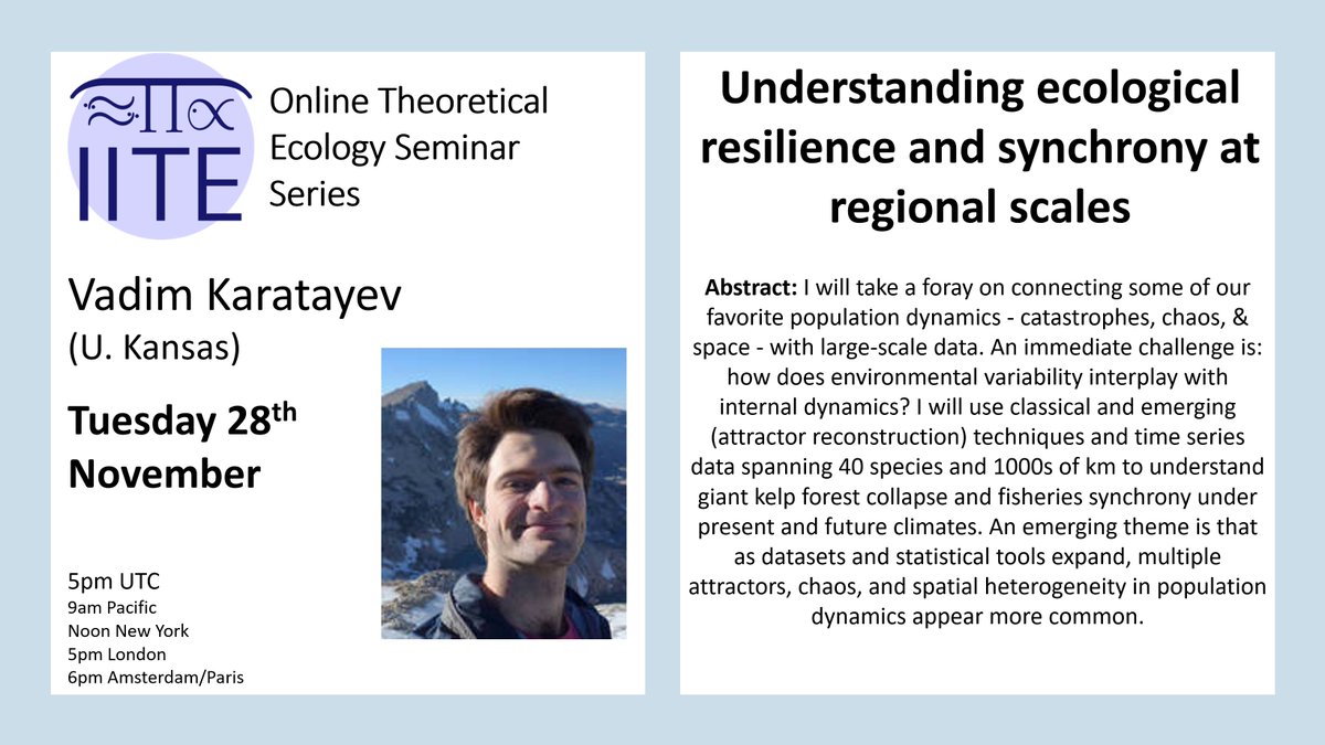 📢Join us tomorrow (Tuesday) for our online seminar! Vadim Karatayev (U. Kansas) will present: ⭐️Understanding ecological resilience and synchrony at regional scales⭐️ Free+open to all! Zoom link: iite.info/seminar/ Global times: timeanddate.com/worldclock/fix… See you there!