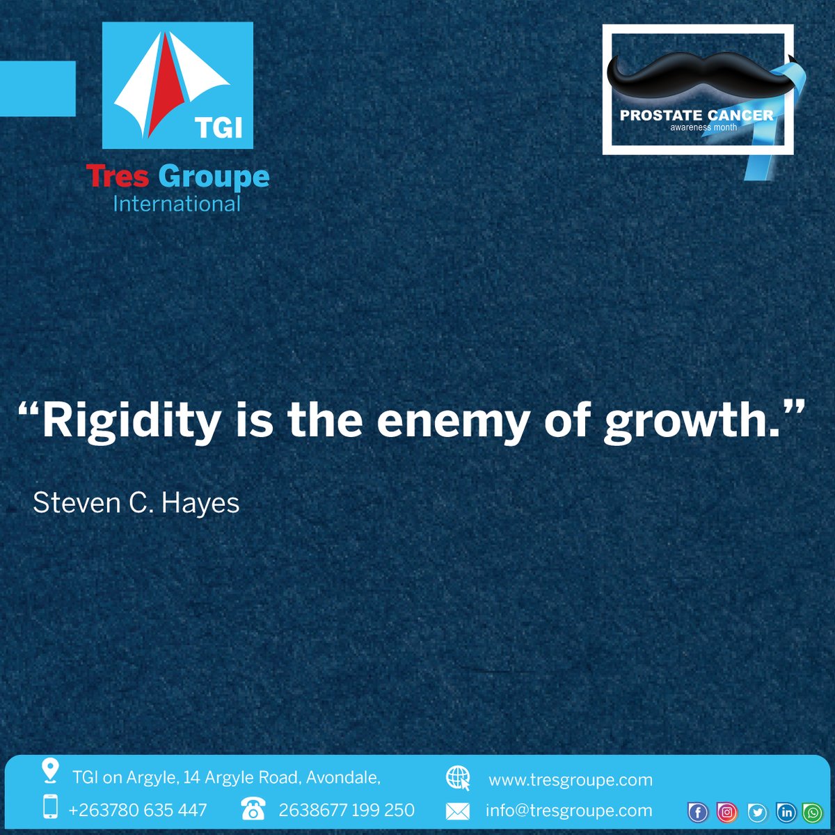 tresgroupeintl's tweet photo. Rigidity is the enemy of growth. - Steven C. Hayes. #evolutionaryinnovation #tgination #Movember #MensHealth #GrowAMo #SuicidePrevention #ProstateCancerAwareness #MentalHealthMatters https://t.co/Gy9voQC6Sr