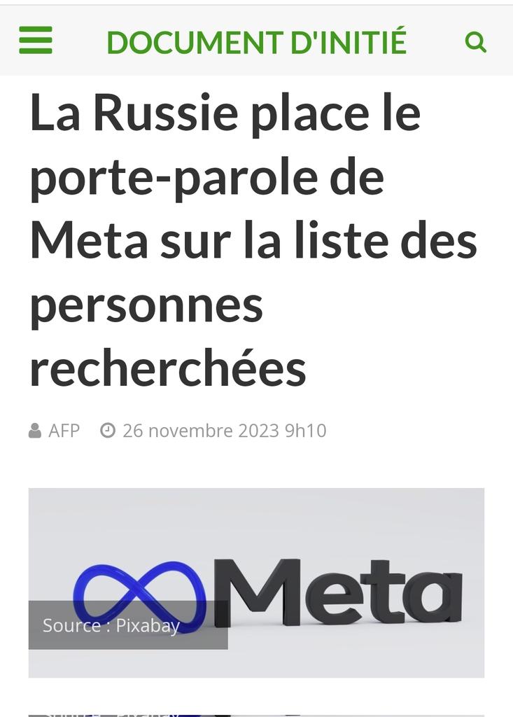 MagLiber3's tweet photo. #Metagate 💣💣💣
La Russie a placé dimanche le porte-parole de Meta Platforms, #AndyStone, sur une liste de personnes recherchées pour des accusations non précisées, le géant américain des médias sociaux – propriétaire de Facebook – étant classé comme « extrémiste » par Moscou.
La Russie a considérablement réprimé la liberté des médias et des réseaux sociaux depuis le lancement de son offensive en Ukraine l’année dernière et a interdit toute critique à son encontre.
Stone figure sur la liste des personnes recherchées par le ministère russe de l'Intérieur, sans plus de détails.
En octobre 2022, la Russie a classé Meta comme organisation « terroriste et extrémiste », ouvrant d’éventuelles enquêtes criminelles et des amendes pour les utilisateurs du pays.
#NCSWIC
@caurbeau1 @AntoineAH2020
@manu_thor4
https://t.co/p3w3PbZtTR
