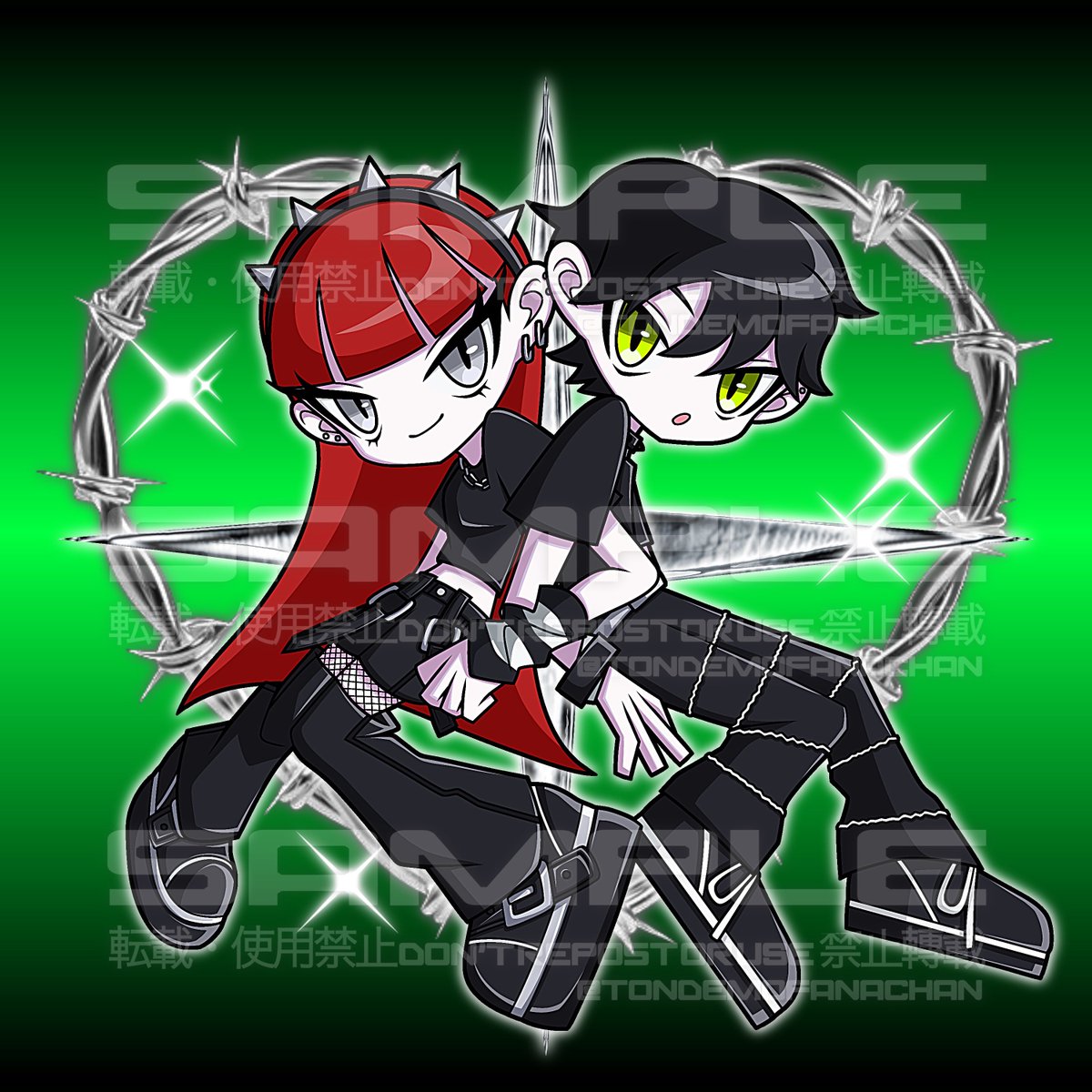 1girl 1boy black hair red hair green eyes pants shirt  illustration images