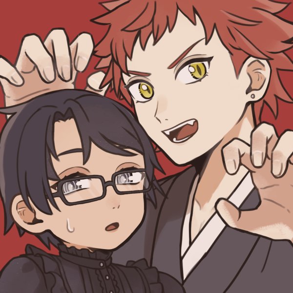 glasses yellow eyes red background black hair red hair claw pose looking at viewer  illustration images