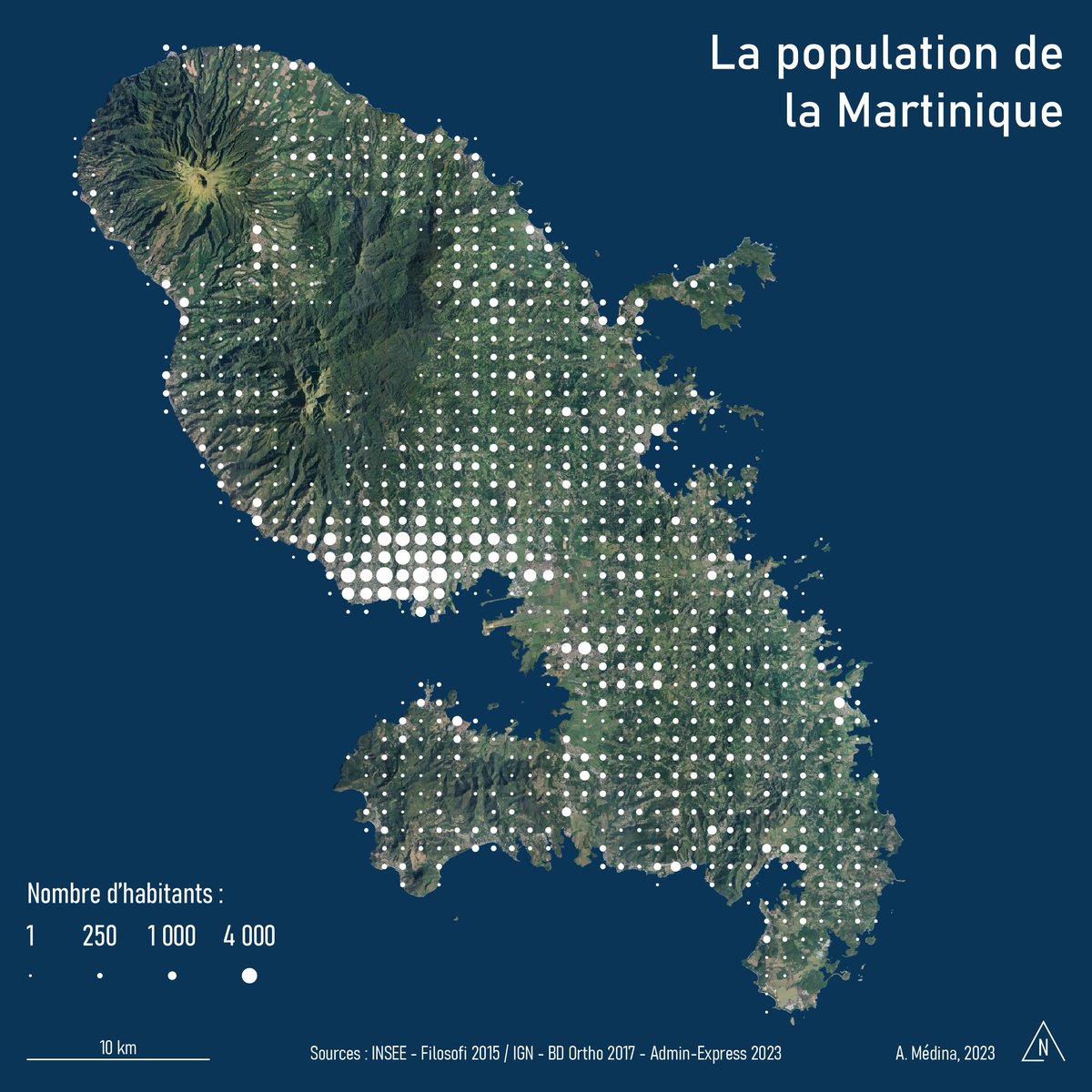 #30daymapchallenge JOUR 27 - 'Dot' 🌎 Répartition de la population à la Martinique 🇨🇵 #Cartographie #Carte #Map #SIG #Martinique