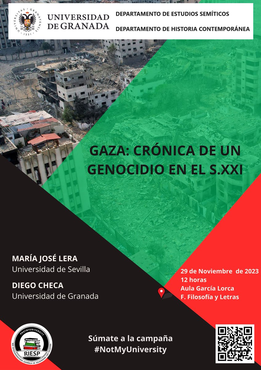 Este miércoles celebraremos el conversatorio "Gaza: crónica de un genocidio en el s. XXI" en <a href="/FyL_UGR/">Filosofía y Letras</a> para conmemorar el Día de Solidaridad con el Pueblo Palestino.

El evento está organizado por <a href="/HistoconUgr/">Contemporanea UGR</a> y @ugr_semiticos de <a href="/CanalUGR/">Universidad Granada</a> 

📆29 de Nov 
⏰12h
🌍Aula García Lorca