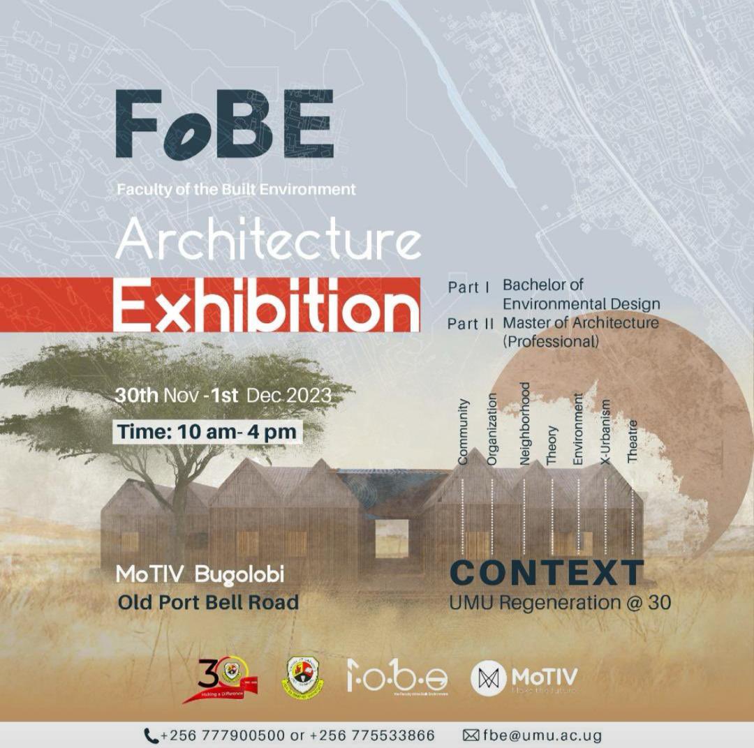 UmuUnion's tweet photo. Join us for the FoBE Architecture Exhibition at MoTIV Bugolobi from 30th Nov to 1st Dec. Explore the innovative design solutions of our Master and Bachelor students on themes such as Community, Environment, X-Urbanism, and more. #FoBE #Architecture #Uganda https://t.co/E0rGImS9AJ