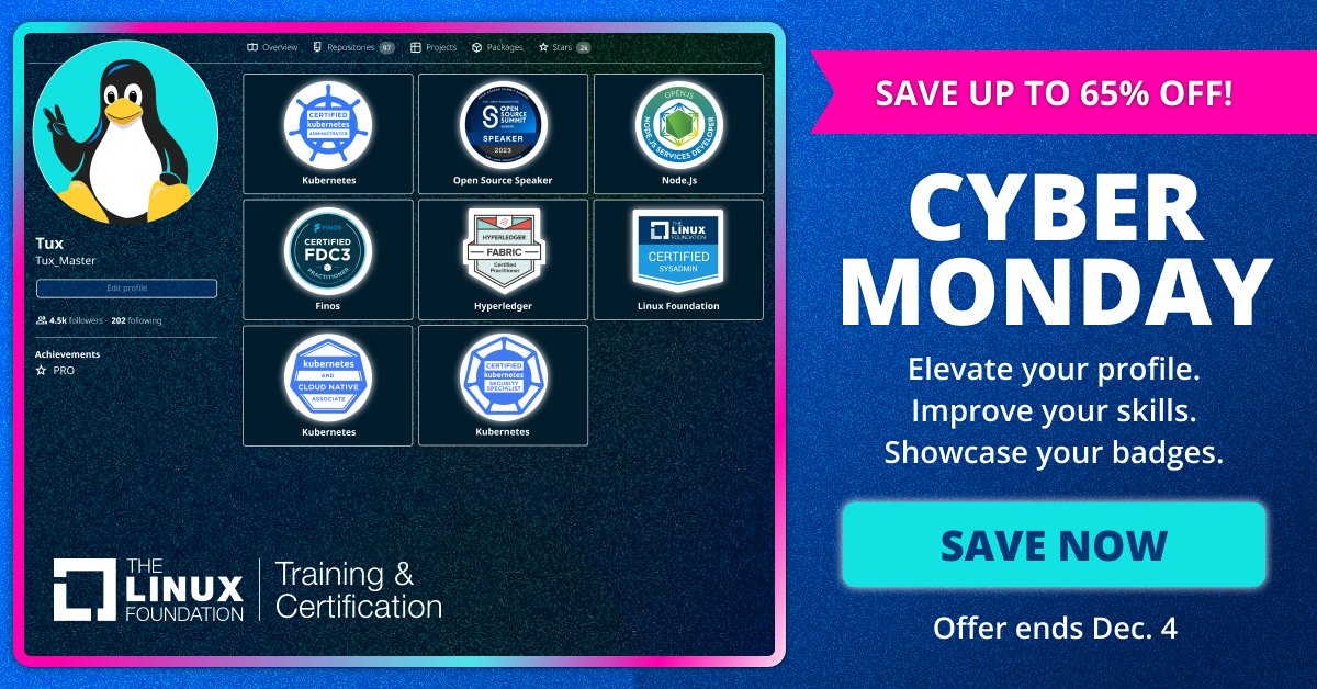 🐧 Cyber Monday is here 🐧! 65% off bundles, power bundles & IT professional programs + 50% off individual courses & certs + 10% off THRIVE-ONE annual subscriptions. Enroll today: hubs.la/Q029Nt_S0 #Linux #CloudNative #ITCertifications #Training