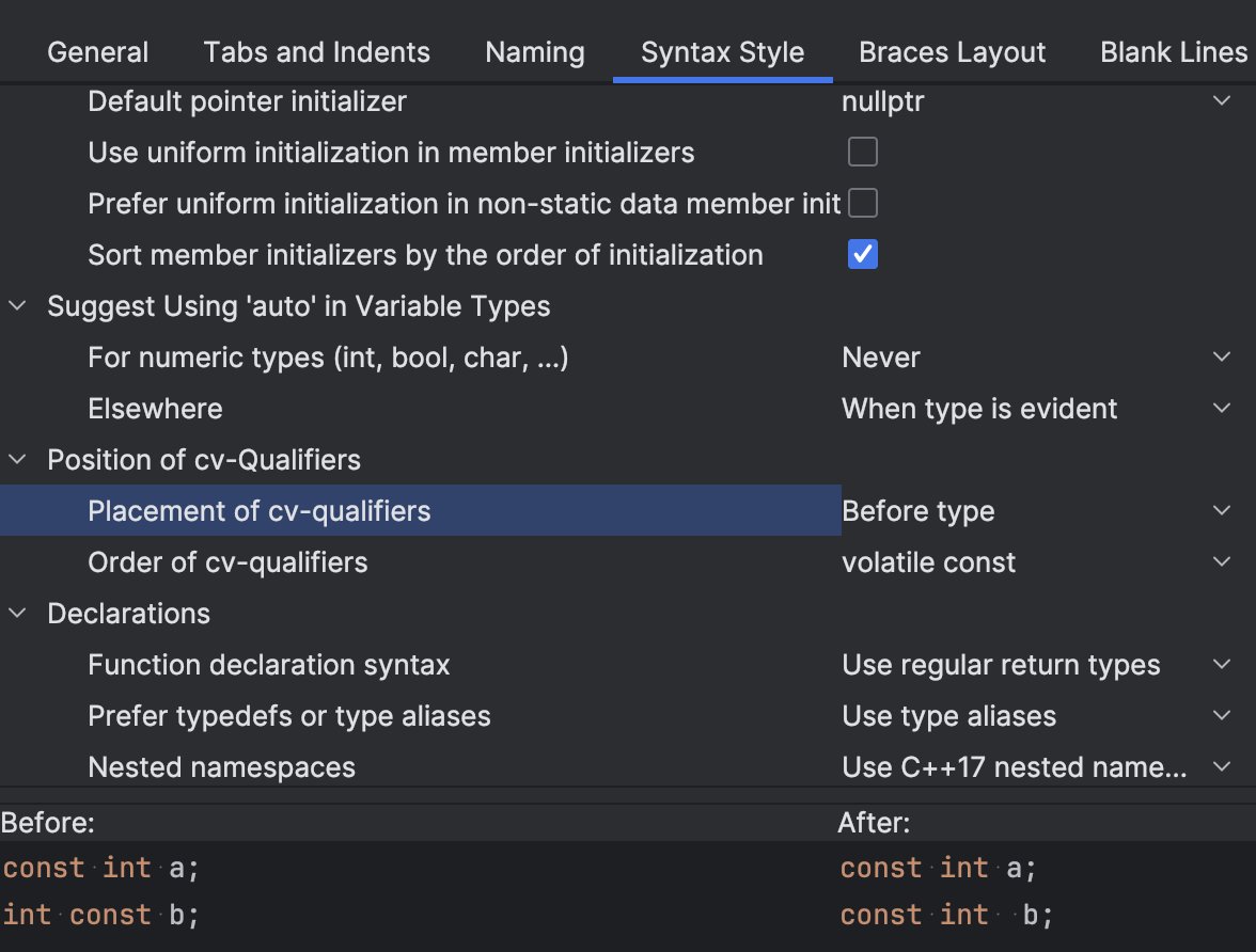 clion_ide's tweet image. Are you East const or const West? In CLion Nova, thanks to @resharper_cpp, you can select the preferred style in Syntax Style settings. And then rely on code inspections to get the inconsistencies highlighted for you by CLion Nova.
blog.jetbrains.com/clion/2023/11/… #cpp #cplusplus