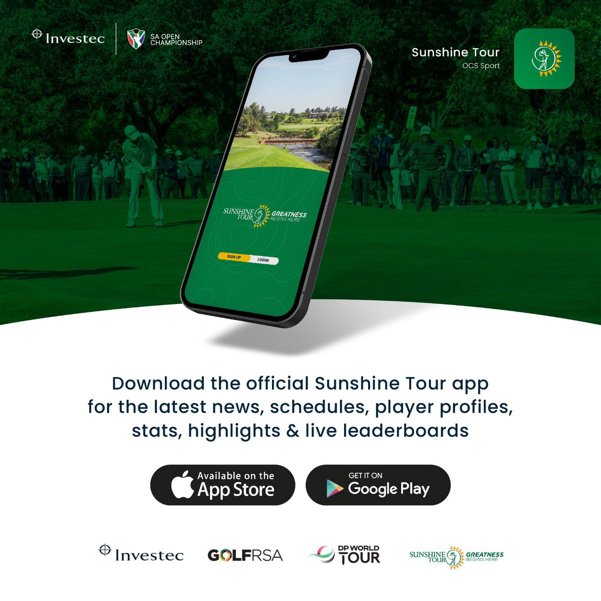 Unleash your #InvestecSAOpen golf tournament experience with the @Sunshine_Tour app. Hassle-free registration & updates in real-time. #SunshineTour #InvestecGolf #InvestecSAOpenChampionship #GreatnessBeginsHere