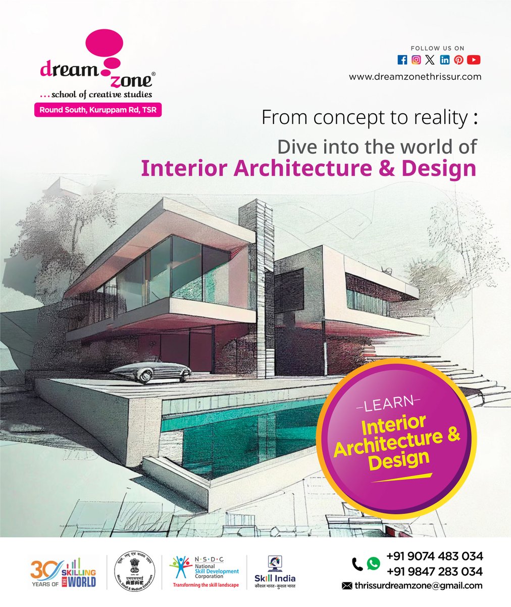 DreamzoneTsr's tweet photo. Explore the world of Interior Architecture &amp; Design with DreamZone Thrissur. This comprehensive course combines creativity and technical skills, guiding students through spatial planning, material selection, and conceptualization. Gain hands-on experience and unleash your design https://t.co/i9SGHQhKUn