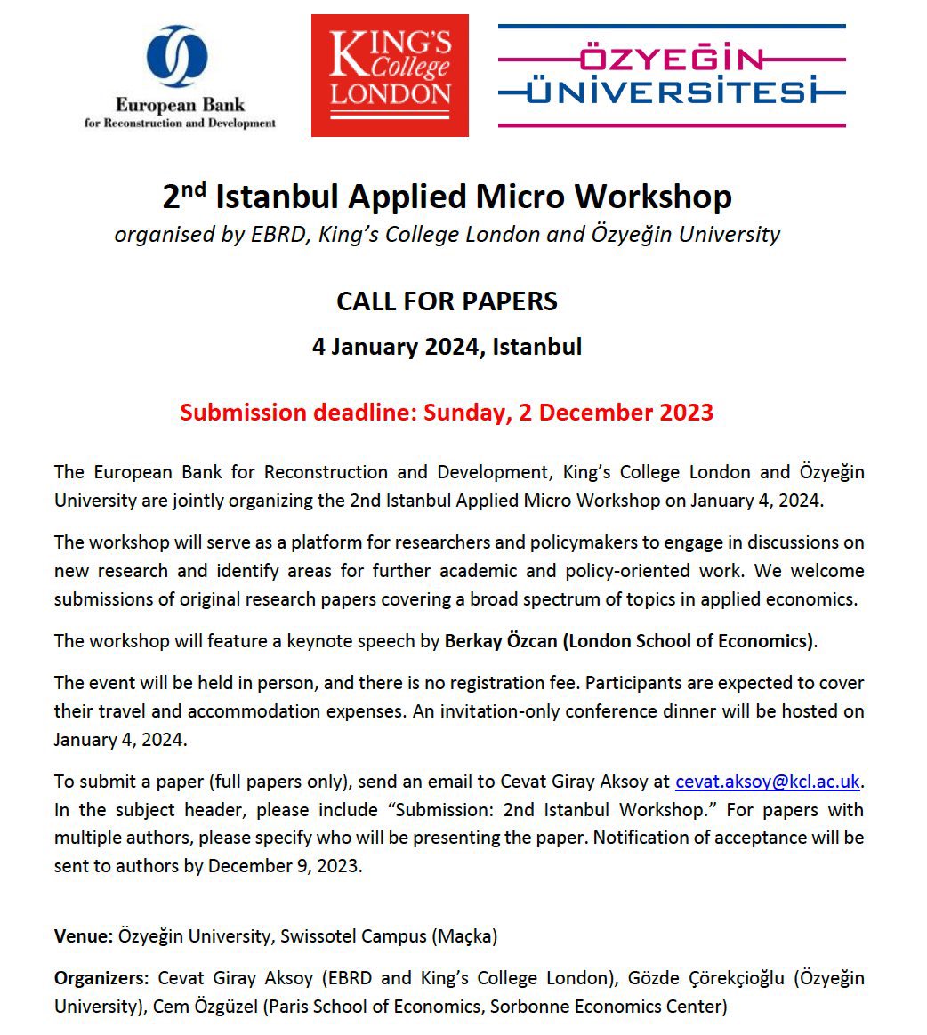 📢 Call for Papers: 2nd Istanbul Applied Micro Workshop Date: January 4, 2024 Place: Istanbul (in-person) Keynote Speaker: Berkay Özcan (LSE) Submission Deadline: December 2, 2023