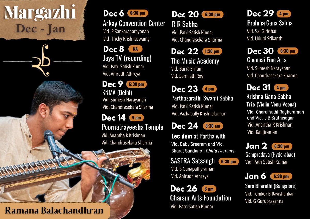 _RamanaB_'s tweet photo. Seeking all your good wishes and blessings for this Margazhi.
#ramanabalachandhran #veena #margazhi #musicseason #decembermusicseason #concertschedule https://t.co/piPo9S9nih