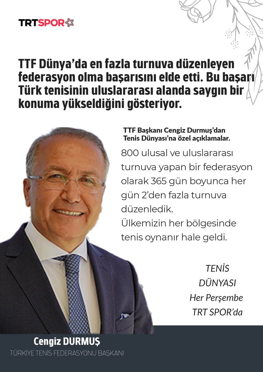 Türk Tenisi 2023'de başarıdan başarıya koştu. <a href="/TTForgtr/">Türkiye Tenis Federasyonu</a> yaptığı başarılı çalışmalarla Türkiye artık bir 🎾 ülkesi oldu.
TTF başkanı <a href="/TTFCengizdurmus/">Cengiz Durmuş</a>  dan Tenis Dünyası'na çok özel açıklamalar.
Hepsi ve daha fazlası Perşembe günü saat 12':00 de  TRT Spor Yıldız'da.