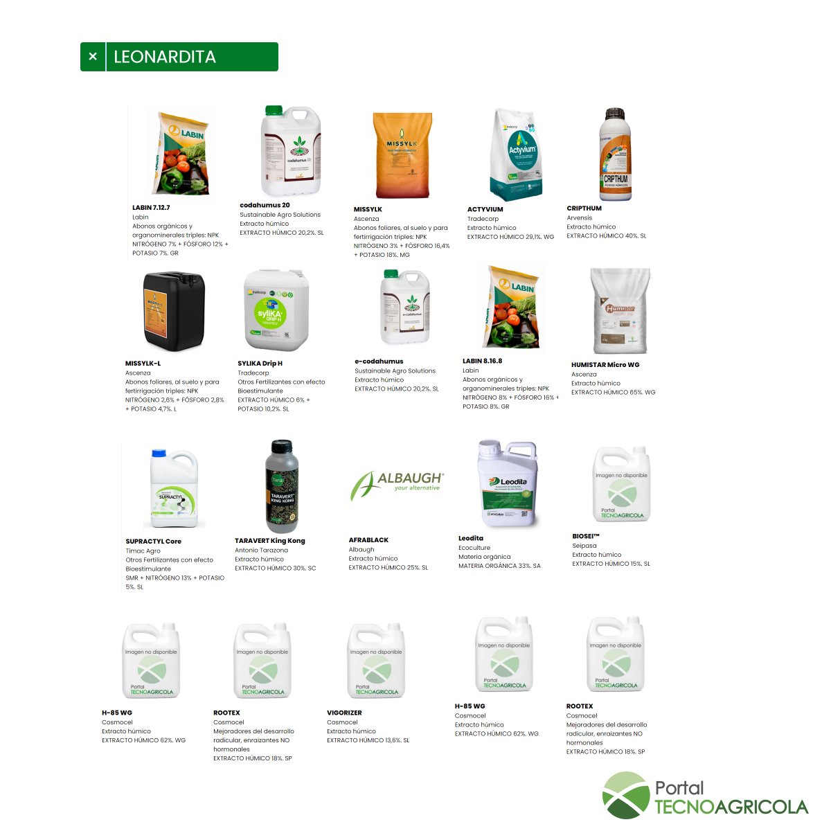 PTecnoagricola's tweet photo. 👩‍💼 La #leonardita es una enmienda orgánica #húmica natural de gran calidad. Su 📊 grado de pureza media alcanza el 📈 80%
👩‍💻 En #VADEMECUM podemos filtrar por Composición y encontrar formulados que incluyen en su composición diferentes % de leonardita ⤵️
https://t.co/5jVoiCoh09 https://t.co/Wyh0EJGNEJ