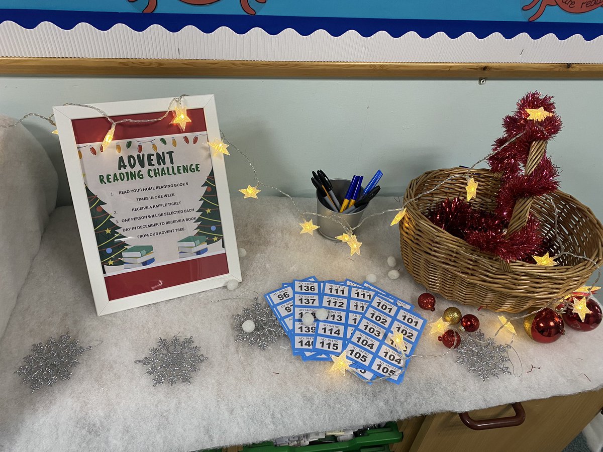 MetheringhamP's tweet photo. A festive, advent reading challenge has started in school. Let’s get reading! 📚 @WSHEnglishHub #adventbooktree https://t.co/Hxz3Od6EbA