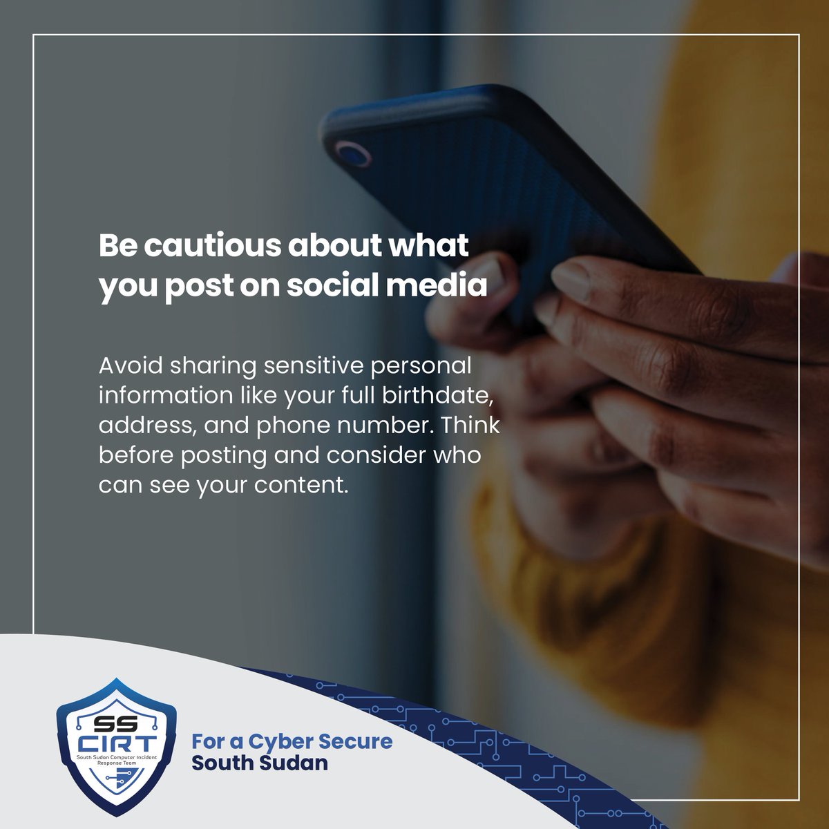 SS_CIRT's tweet photo. We drive towards achieving a conducive cyberspace for every citizen of this nation and beyond our borders. Therefore be mindful of the imprint of footprints you leave behind on your social media.

#SSCIRT
#CybersecureSSD
#SSOX https://t.co/3ssxNzYvWy