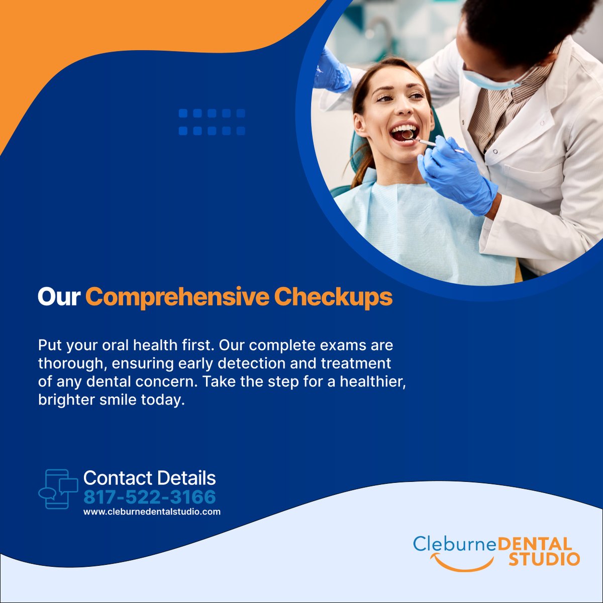 cleburnedntlstd's tweet image. Prioritize your oral health with our comprehensive exams. Ensuring early discovery and intervention for dental issues, we pave the way for healthier and brighter smiles starting today.

#DentalCare #OralHealth #CleburneTX