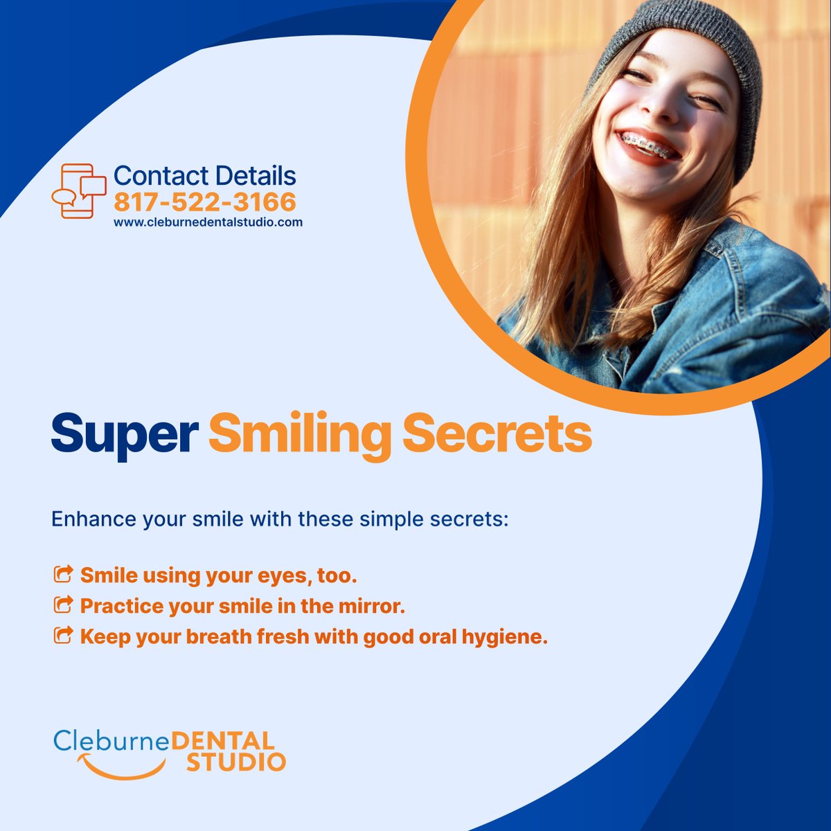 cleburnedntlstd's tweet image. Elevate your smile effortlessly by following these easy tips: engage your eyes for a warm expression, rehearse your grin in the mirror, and maintain fresh breath through excellent oral hygiene.

#OralHygiene #CleburneTX #DentalCare