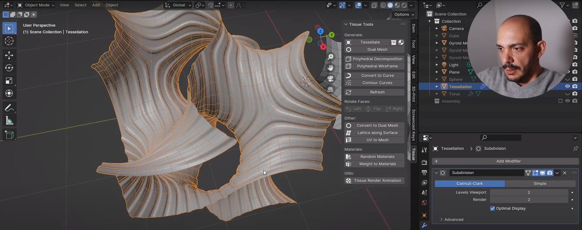 Gyroid Modelling, using Geometry Nodes and a little mesh modelling for modelling minimal surfaces with a nice topology patreon.com/posts/modellin… #b3d #blender3d #blendertissue #geometrynodes #computationaldesign