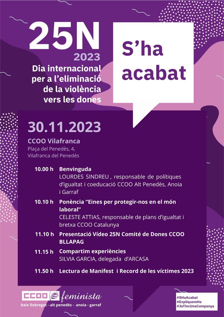ccoo_bll_apag's tweet photo. 🙋‍♀️Dissabte vam commemorar el #25N. Però aquesta lluita no s'acaba.
@ccoo_bll_apag organitza actes aquesta setmana:
🙅‍♀️29/11: presentació de "La cambra Virginia" a CCOO #Cornellà)
👩‍💼30/11: acte a CCOO Vilafranca del #Penedès
👩‍🏭1/12: acte a CCOO #Cornellà
#SHaAcabat #ExpliquemHo https://t.co/MVgqQutBue